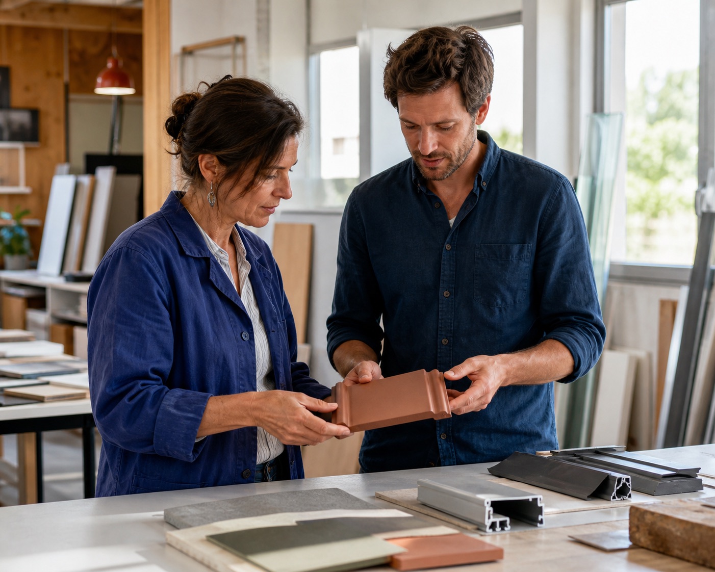 Two professionals examine a material sample together in a bright workshop.